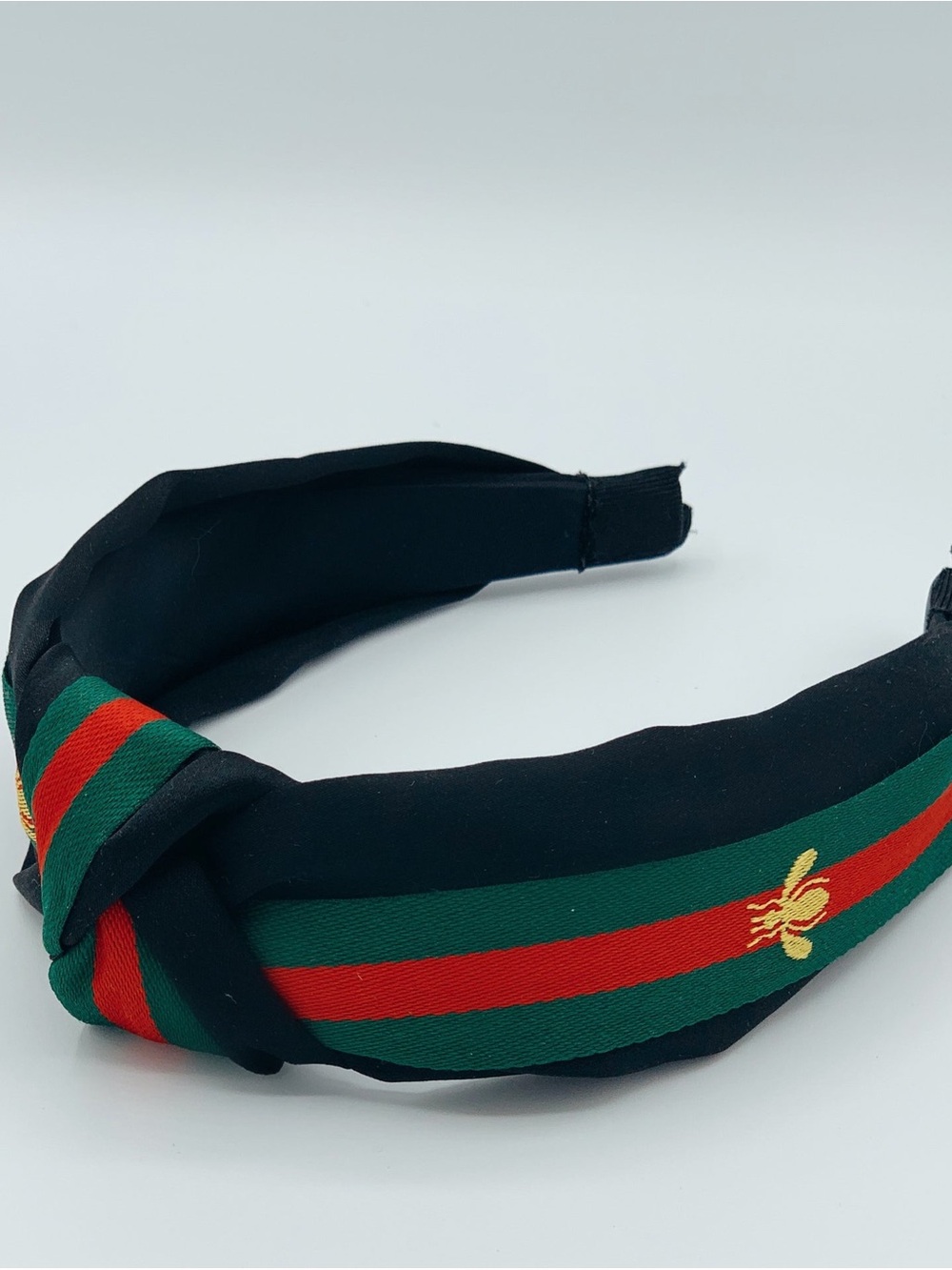 Black Knot Headband with Green and Red Striped Ribbon and Gold Bee Detail